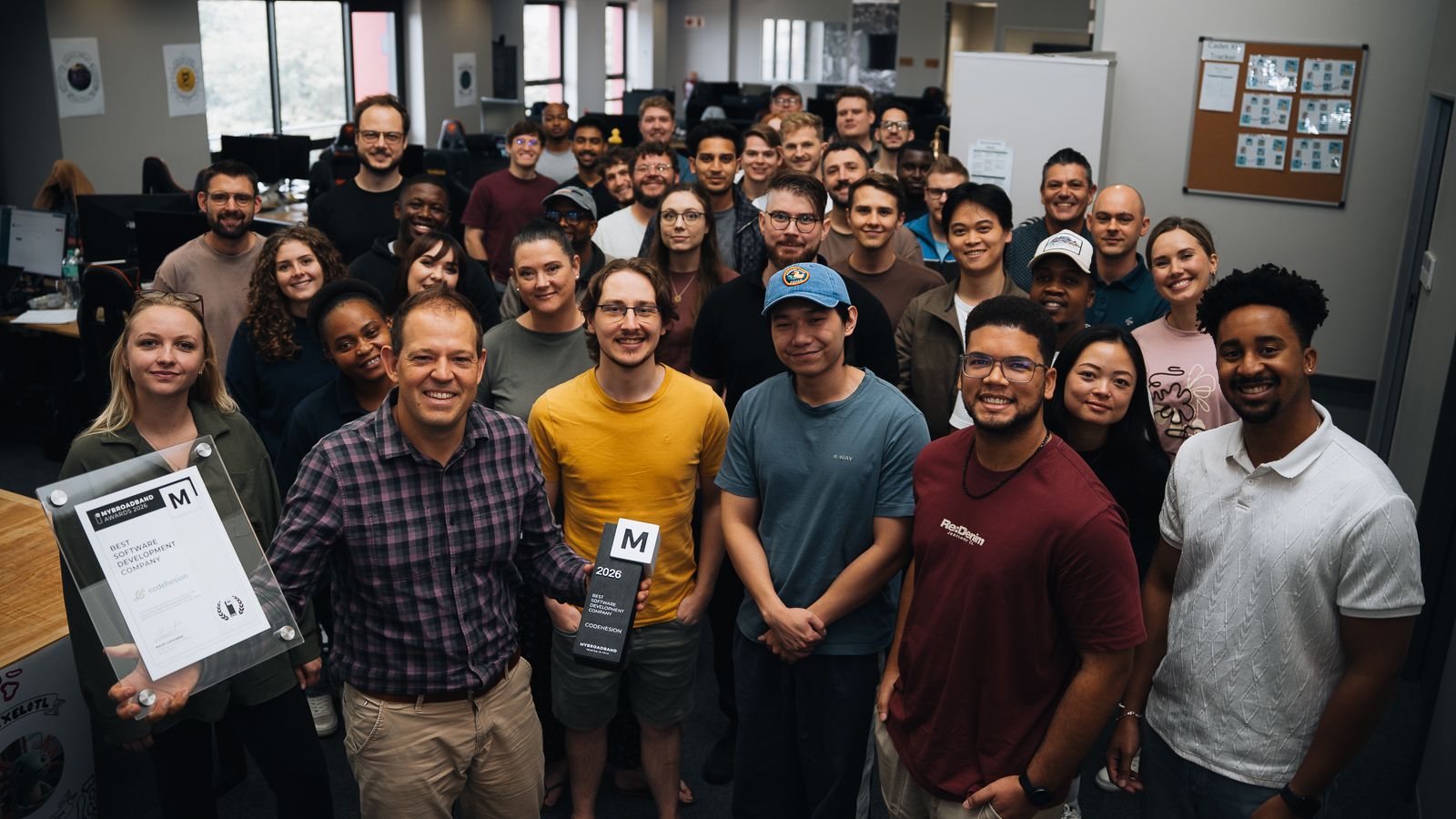 The whole Codehesion team with the MyBroadband 2026 Best Software Development Company award