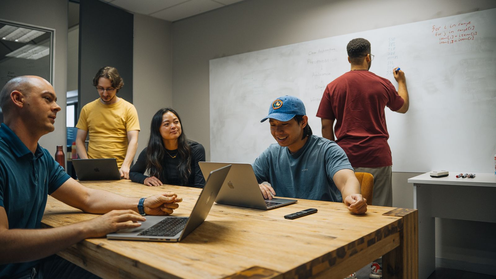 The Codehesion team working together around a table and whiteboard